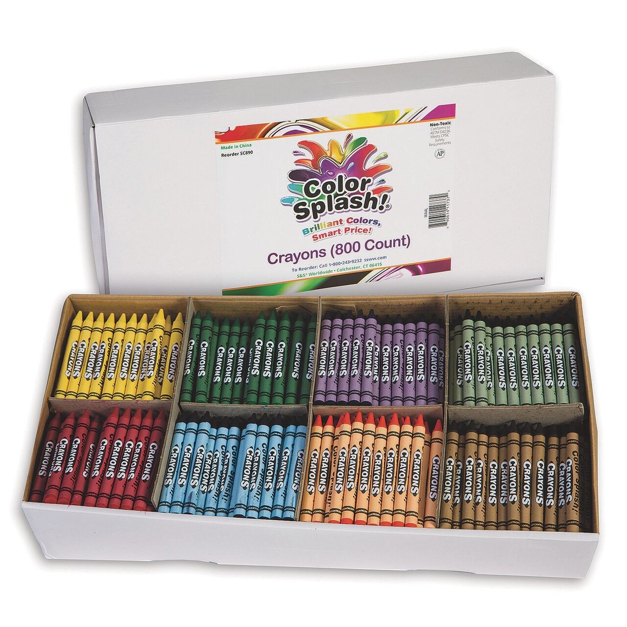 S&S Worldwide Color Splash!® Crayons. Excellent Quality, Superior Value. Great for Classrooms and Groups, Divided Box for Easy Sorting, Includes 100 each of 8 Vibrant Colors, Non-Toxic, Pack of 800.